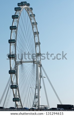 Ride on Ferris wheel in the city on clear blue sky with little clouds background, city view from ferris wheel in Singapore,