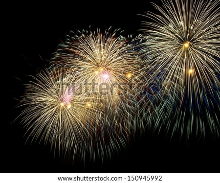Colorful golden yellow fireworks with grass silhouette in dark night background in Malta, fireworks in dark sky background, Malta fireworks festival, 4 of July, Independence day, explode, August 15