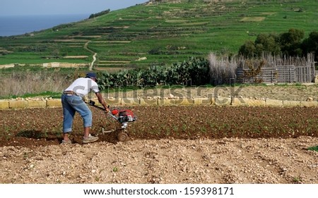One unknown man working in the field on spring time,man working in farm in Gozo, Malta, spring background, farmer in the field on spring, farmland and working man, seasonal works in Malta, farmer
