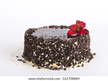 Chocolate Cake with decoration on light background, cake isolated on light background with selective focus. Birthday cake. Cake. Cake decorated with red flower