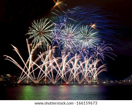 Fireworks,colorful fireworks background,fireworks explosion in dark sky with city sillouthe and colorful reflect on water,fireworks in Riga,Latvia,long exposure fireworks,Independence, explode concept