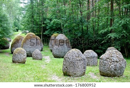 Big stones on day time in Europe park in Vilnius, Lithuania, stones park, stones in the forest, stones sculptures in the park,Lithuania, Lithuanian nature, park, popular destination