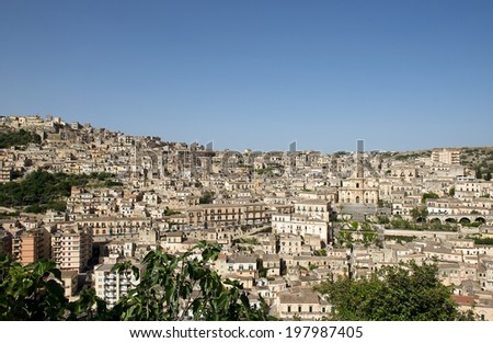 Modica city on sunny clear summer day, Sicily, Italy, Europe, sicilian landscape, Modica town, Modica panorama, panoramic view of Modica village