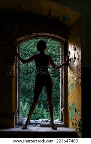 Unknown woman silhouette, artistic photo of woman figure in ruins background, female posing in dark background, artistic photo of woman posing in the middle of window, woman figure, woman body,girl