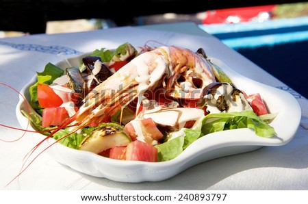 Fresh octopus salad with tomatoes,  fresh food, italian food, sea food in plate, fresh tuna and octopus salad, greek kitchen, sea food with tomatoes, tuna, garlic and herbs