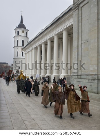 VILNIUS, LITHUANIA - MARCH 7: Unidentified peoples parade in annual traditional crafts fair - Kaziuko fair on Mar 7, 2015 in Vilnius, Lithuania