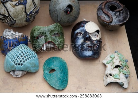 VILNIUS, LITHUANIA - MARCH 7: Traditional hand craft in annual traditional crafts fair - Kaziuko fair on Mar 7, 2015 in Vilnius, Lithuania. Ceramics masks.