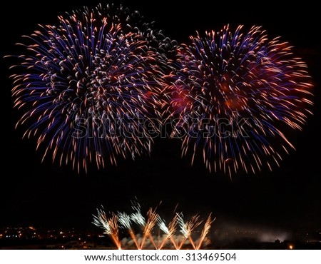 Big colorful fireworks explode in Malta in dark sky,Malta fireworks festival, 4 July, Independence, fireworks explode, New Year, fireworks in Zurrieq isolated on feast St Catharina