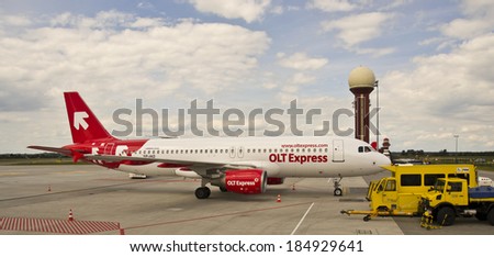 GDANSK, POLAND - JUNE 10: An OLT aircraft at the Gdansk Airport on June 10, 2012 in Gdansk, Poland.
