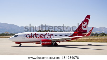 ZAKYNTHOS, GREECE - AUGUST 28: An Air Berlin Boeing 737 - 800 at the Dionysios Solomos Airport on August 28, 2012 in Zakynthos, Greece.