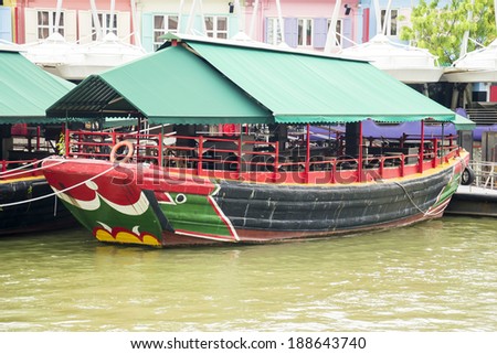 Moored Asian River Boat with Restaurant Inside
