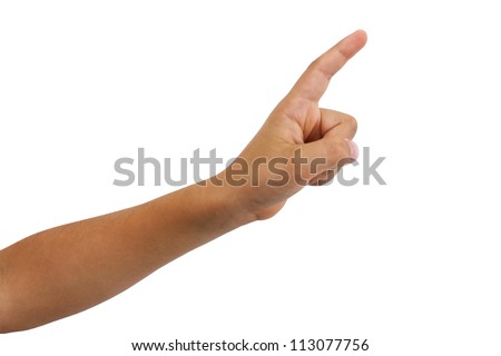 Young boys arm and hand isolated with a finger extended as though to say on moment please. Could also be a pointing finger.