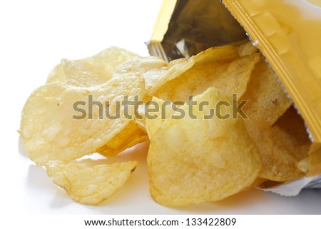 Potato crisp packet opened with crisps spilling out