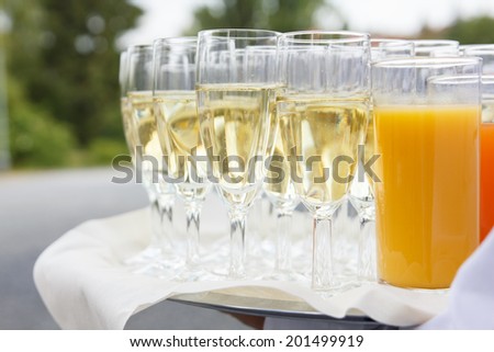 Waiter standing with tray of champagne glasses and other beverages. Out of focus trees in the background.