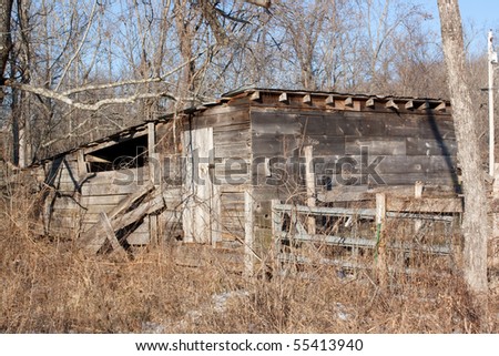 An old shed surrounded by weeds.