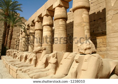 Ram-headed sphinxes deposited in the first court in Temple of Karnak, Egypt