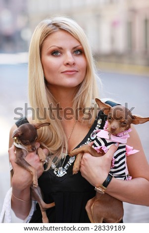Fashion - girl and two of her little friends, small cute dogs