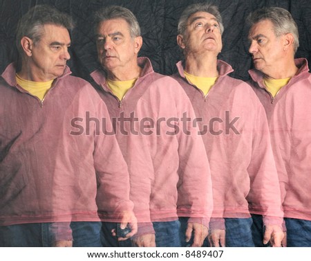 Multiple exposure of a mature man apparently searching for something.