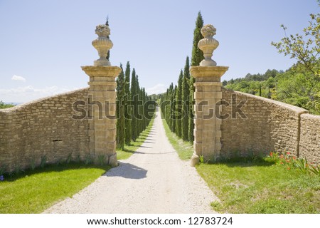 A stone gateway and a long driveway lined with cedar trees.