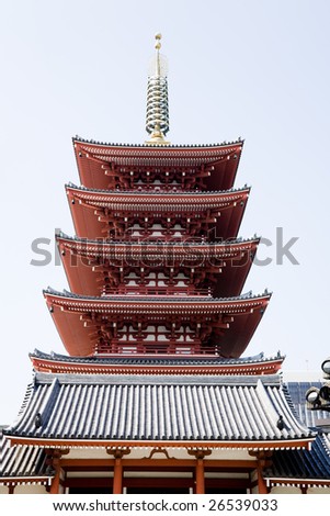 A 5-story pagoda (Asakusa Buddhist Temple) in the Asakusa precinct of Tokyo, Japan