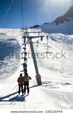 People and rope tow systems in one of most popular ski region in Austria
