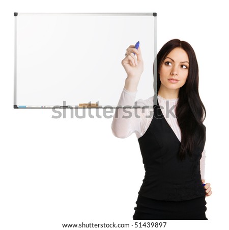 Cute businesswoman writing with a marker, white background