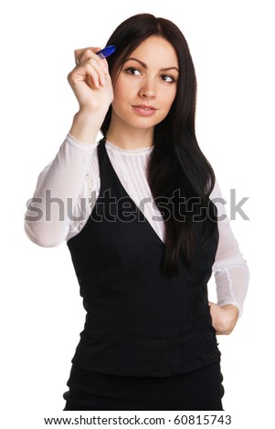 Cute businesswoman writing with a marker, white background