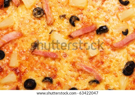 Closeup picture of pizza with olives, meat and pineapple