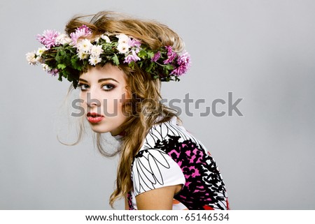 stock photo Portrait of a beautiful fashion model in flower crown