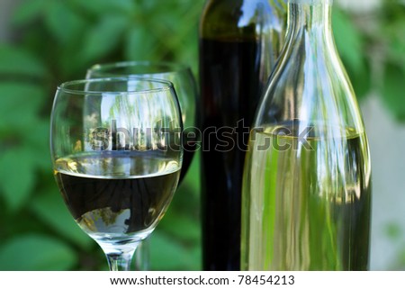Bottles of red and white wine with grapes, in natural light