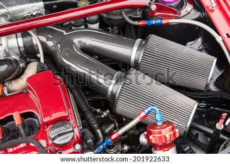 Supercharged sport car engine - under the hood