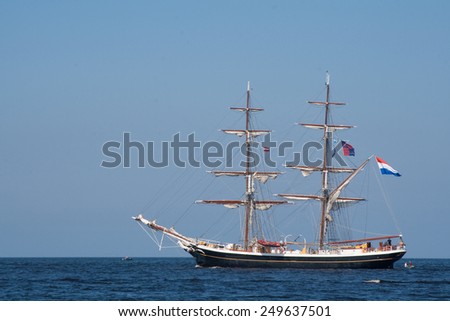 RIGA, LATVIA - JULY 29 2013: Regatta The Tall Ships Races 2013. Sailing ships are leaving the river Daugava and come to the Baltic sea.