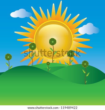 Landscape With Sun And  flowers.