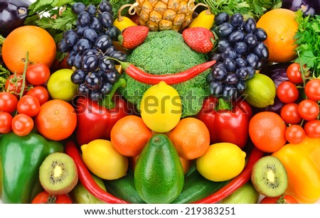 background of ripe fruits and vegetables