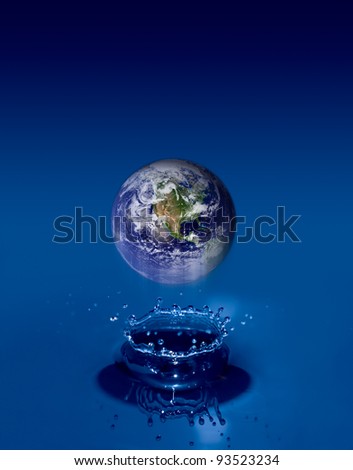 Earth globe floats on crystal clear water ripples. Earth Map courtesy of NASA