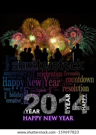 Happy New Year 2014 Info-Text Clouds Arrangement Concept With Fireworks And Colorful As Background
