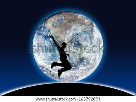 Active kid in silhouette jumps on digital composite of big moon and earth as background. Moon and Earth Globe shape courtesy of NASA.