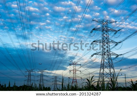 Electricity pylons and cable lines. Horizontal format