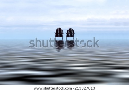 minimalist conceptual relaxing chair in the middle of ocean. digital compositing with colour tone, water reflection and ripple effects.
