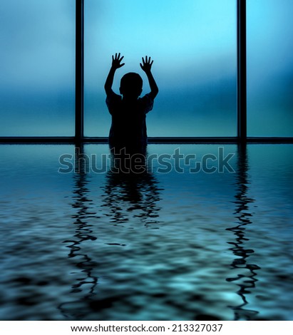 Kid standing and plays on window-digital compositing with water reflection ripple effects