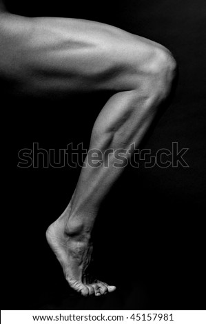 Muscled leg of a male model in black and white
