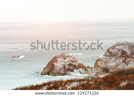 Beautiful scenic view of coast Japanese sea in winter.