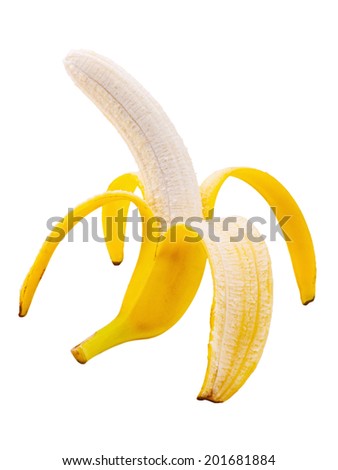 Open banana isolated on white background. Closeup.