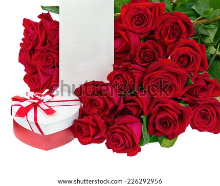 Gift Box in Shape of Heart and Bouquet from Roses Flowers Isolated on White Background.