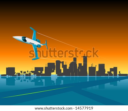 Executive City Jet on Take Off doing barrel roll against city backdrop.