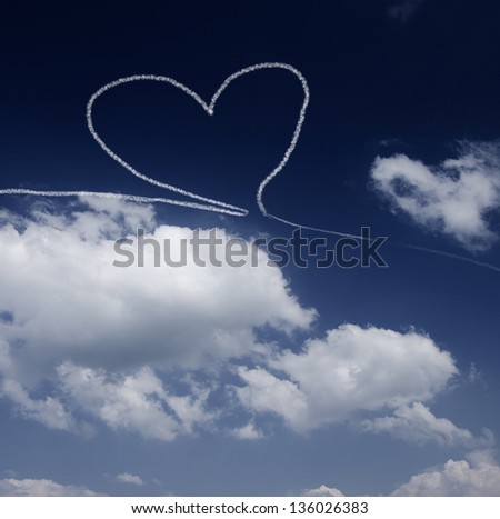 Blue sky with hearth drawn by jet fly