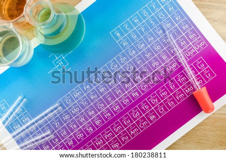 Laboratory glassware and periodic table of elements.