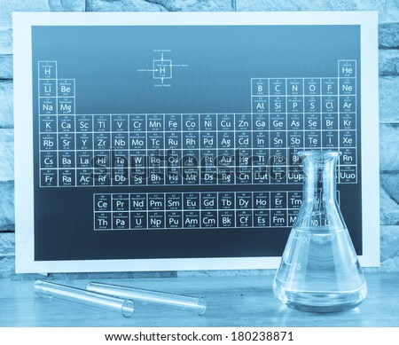 Laboratory glassware and periodic table of elements. (toned blue)