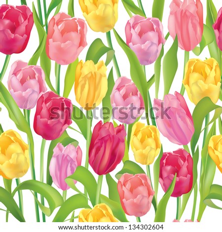 Flower seamless background. Flower tulips over white. Floral spring Vector pattern.
