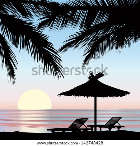 Sunrise View At Resort. Relaxing Holiday Landscape. Two Chaise Longue And Parasol On Beach With Palm Tree.